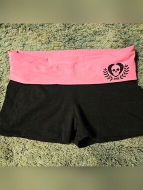 PINK Victoria's Secret Black Yoga Shorts with Pink Fold-Over Waistband